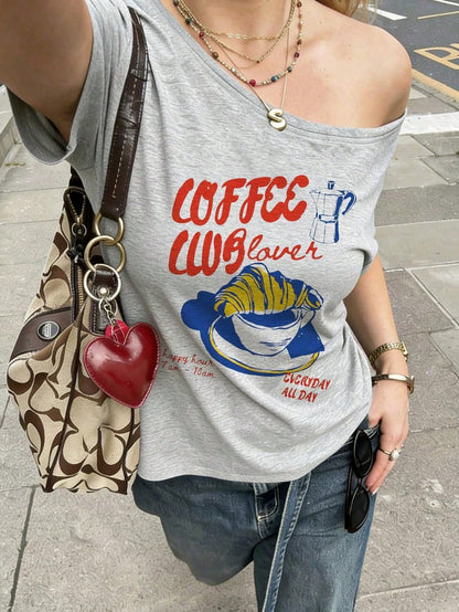 SXV Off-Shoulder Coffee & Croissant Retro Print Light Gray Short-Sleeved T-Shirt