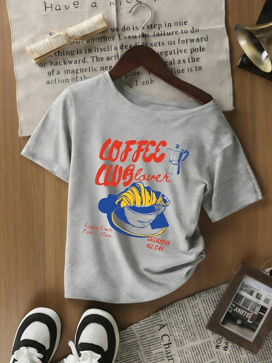 SXV Off-Shoulder Coffee & Croissant Retro Print Light Gray Short-Sleeved T-Shirt