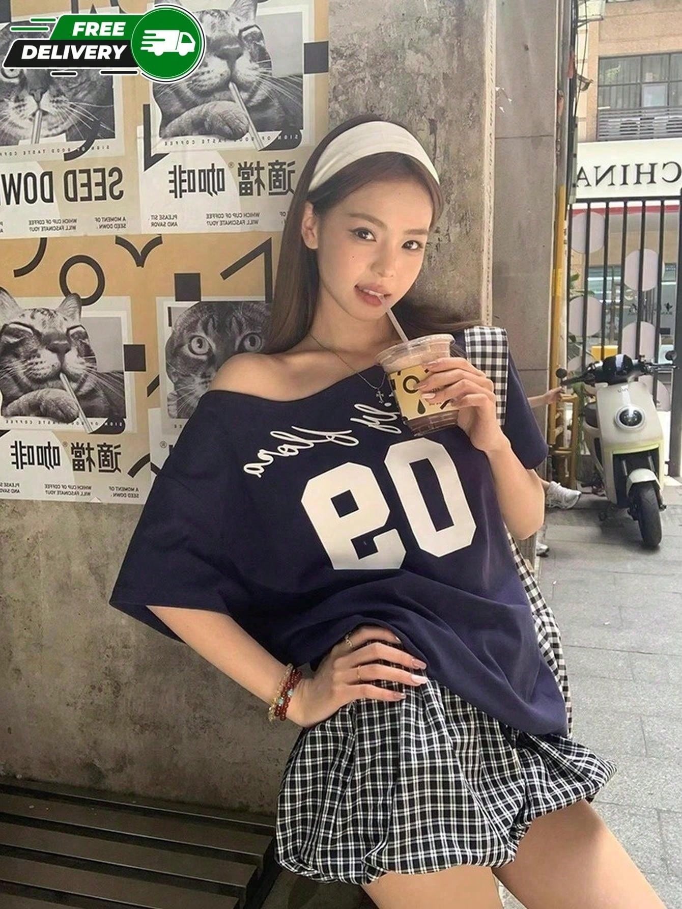 SXV Off-Shoulder, Number & Cursive Logo Print, Navy Short-Sleeved T-Shirt