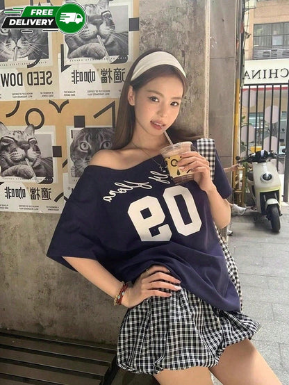 SXV Off-Shoulder, Number & Cursive Logo Print, Navy Short-Sleeved T-Shirt