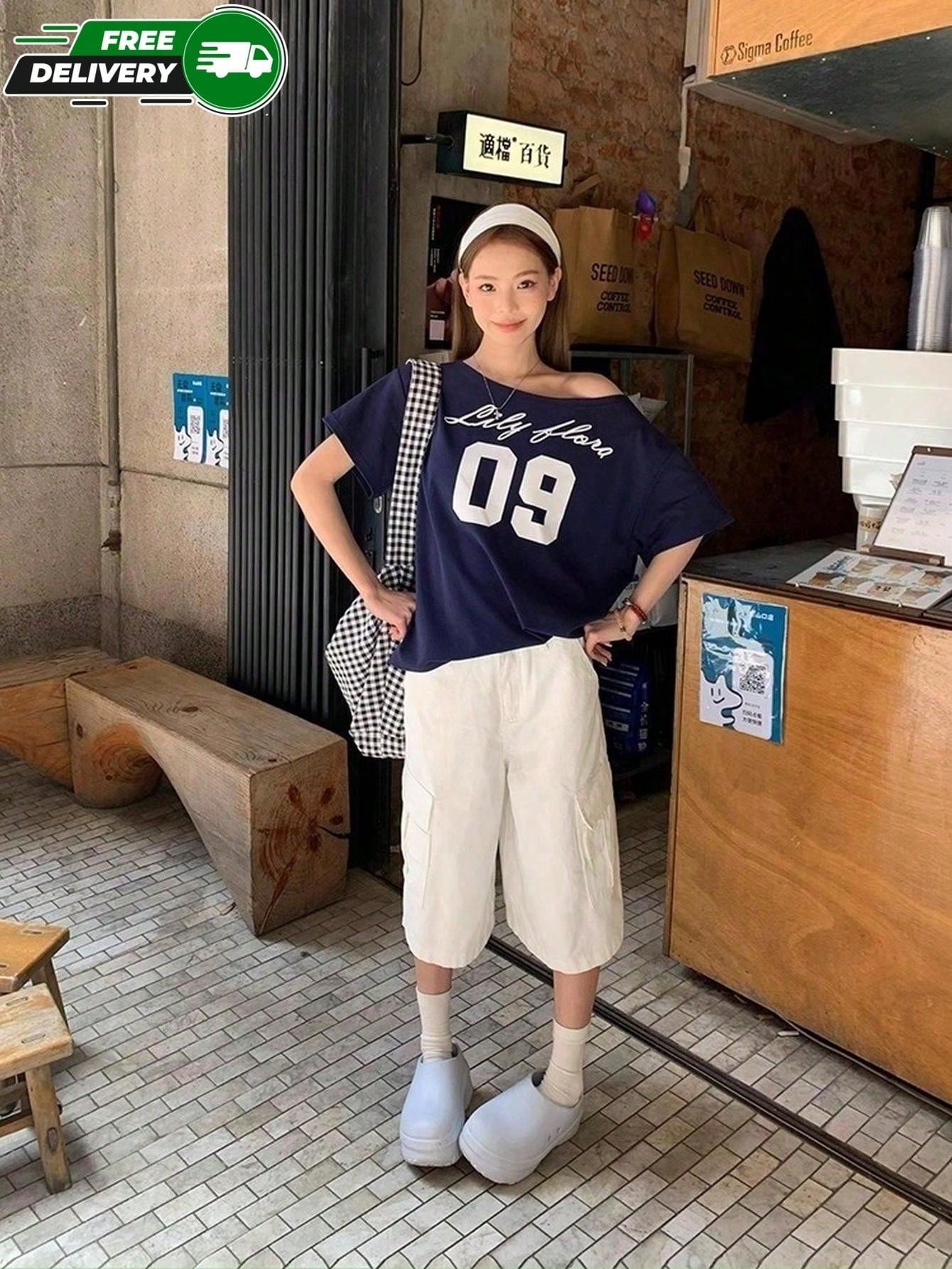 SXV Off-Shoulder, Number & Cursive Logo Print, Navy Short-Sleeved T-Shirt