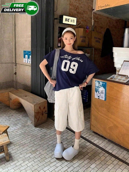 SXV Off-Shoulder, Number & Cursive Logo Print, Navy Short-Sleeved T-Shirt
