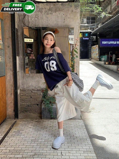 SXV Off-Shoulder, Number & Cursive Logo Print, Navy Short-Sleeved T-Shirt