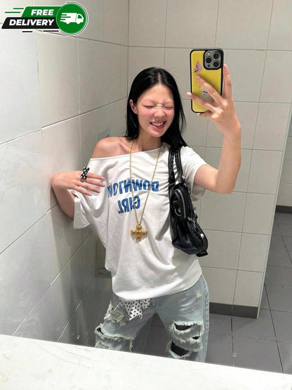SXV Off-Shoulder DOWNTOWN GIRL Alphabet Print White Short-Sleeve T-Shirt