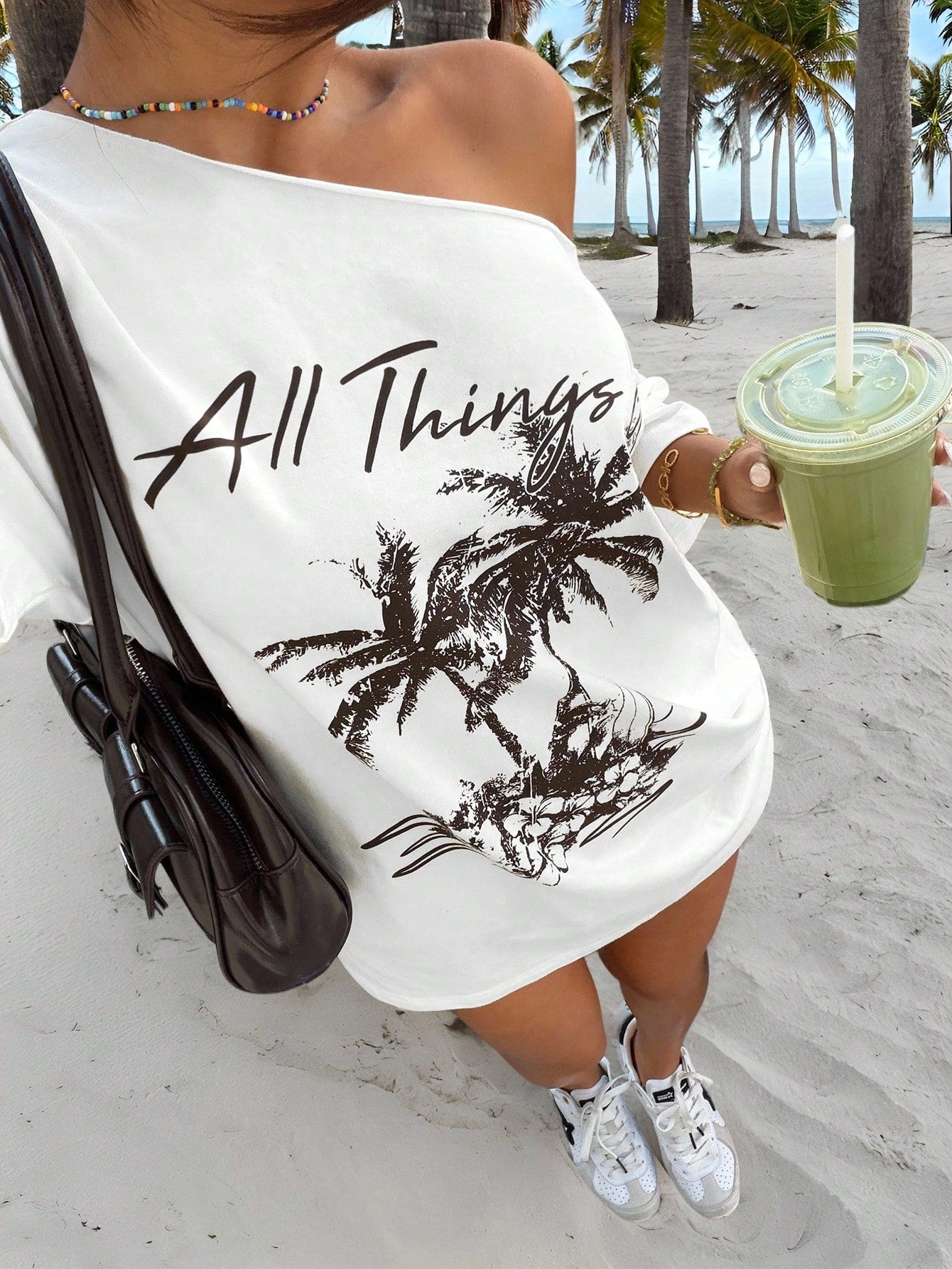 SXV New Tropical Print Casual Loose Fit One Shoulder T-Shirt For Women