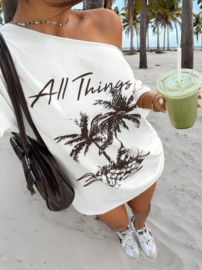 SXV New Tropical Print Casual Loose Fit One Shoulder T-Shirt For Women
