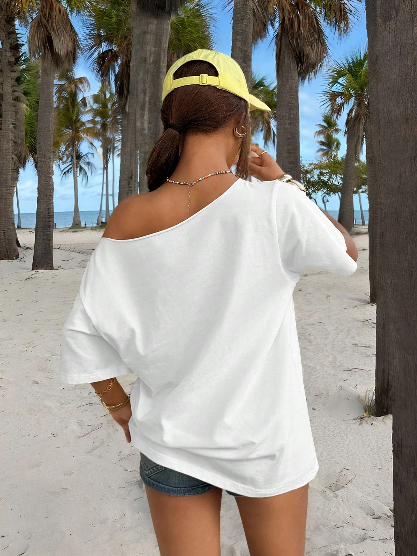 SXV New Tropical Print Casual Loose Fit One Shoulder T-Shirt For Women