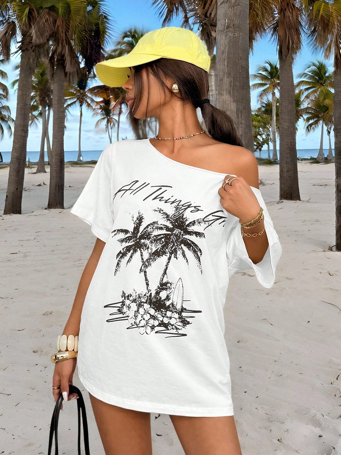 SXV New Tropical Print Casual Loose Fit One Shoulder T-Shirt For Women