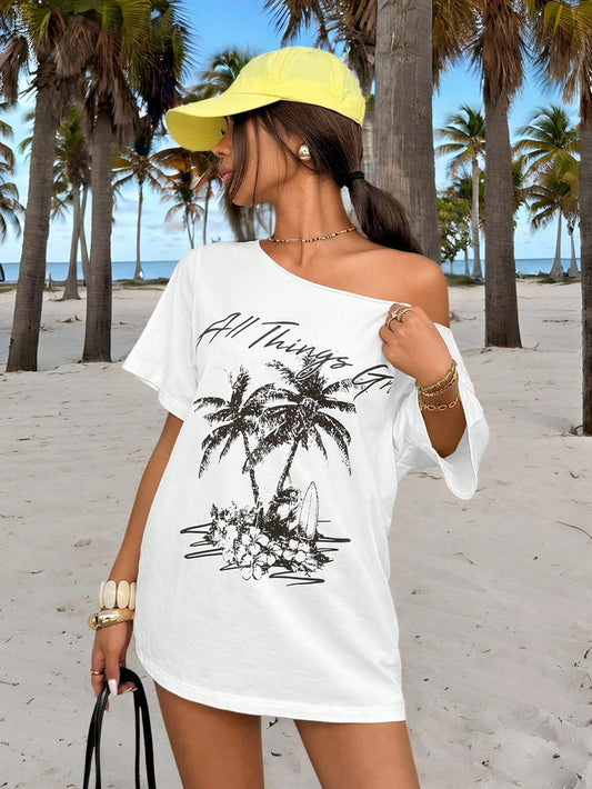 SXV New Tropical Print Casual Loose Fit One Shoulder T-Shirt For Women