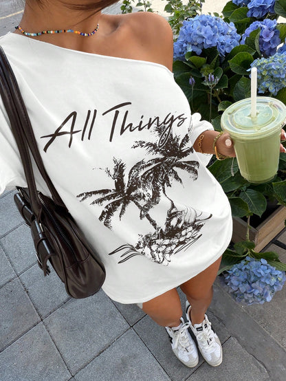 SXV New Tropical Print Casual Loose Fit One Shoulder T-Shirt For Women