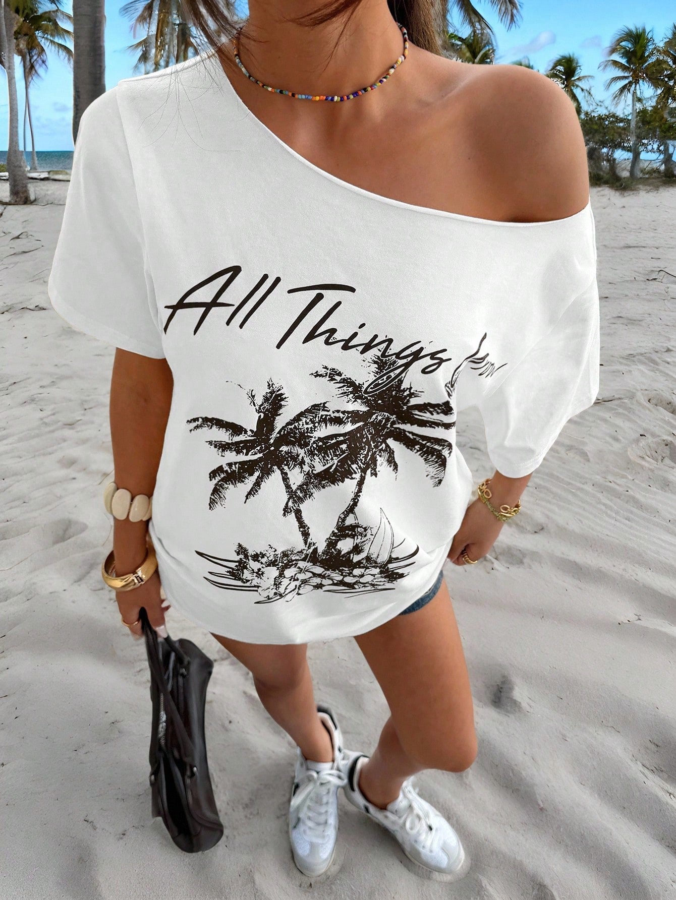 SXV New Tropical Print Casual Loose Fit One Shoulder T-Shirt For Women