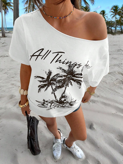 SXV New Tropical Print Casual Loose Fit One Shoulder T-Shirt For Women