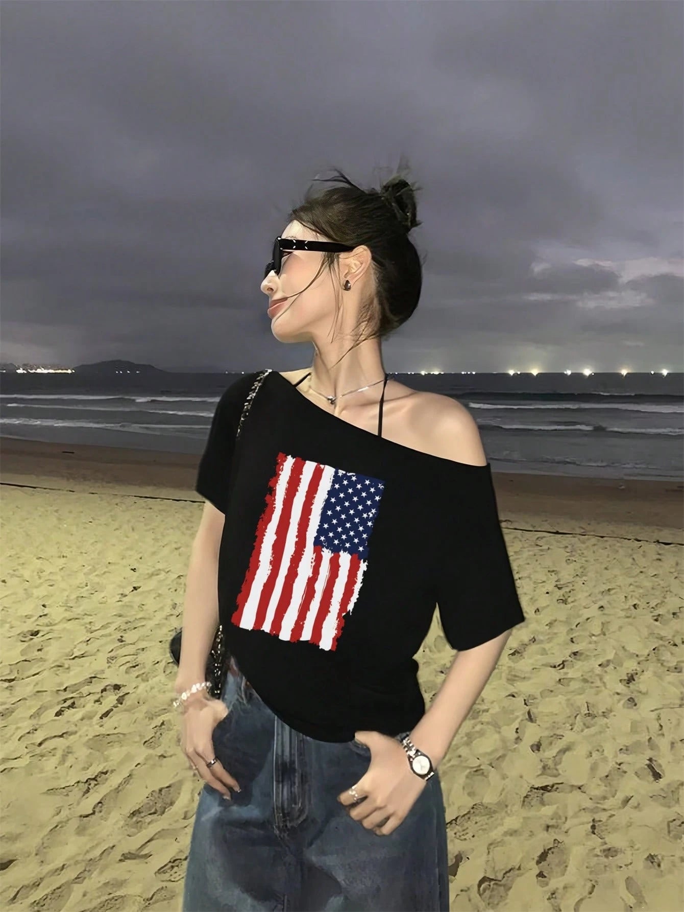SXV Y2K Print flag Off-Shoulder Short-Sleeve T-Shirt