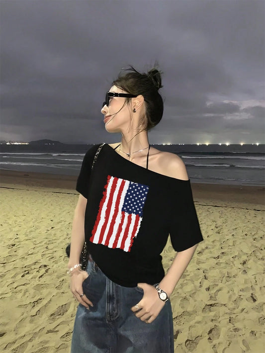 SXV Y2K Print flag Off-Shoulder Short-Sleeve T-Shirt