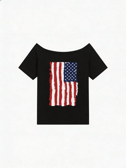 SXV Y2K Print flag Off-Shoulder Short-Sleeve T-Shirt