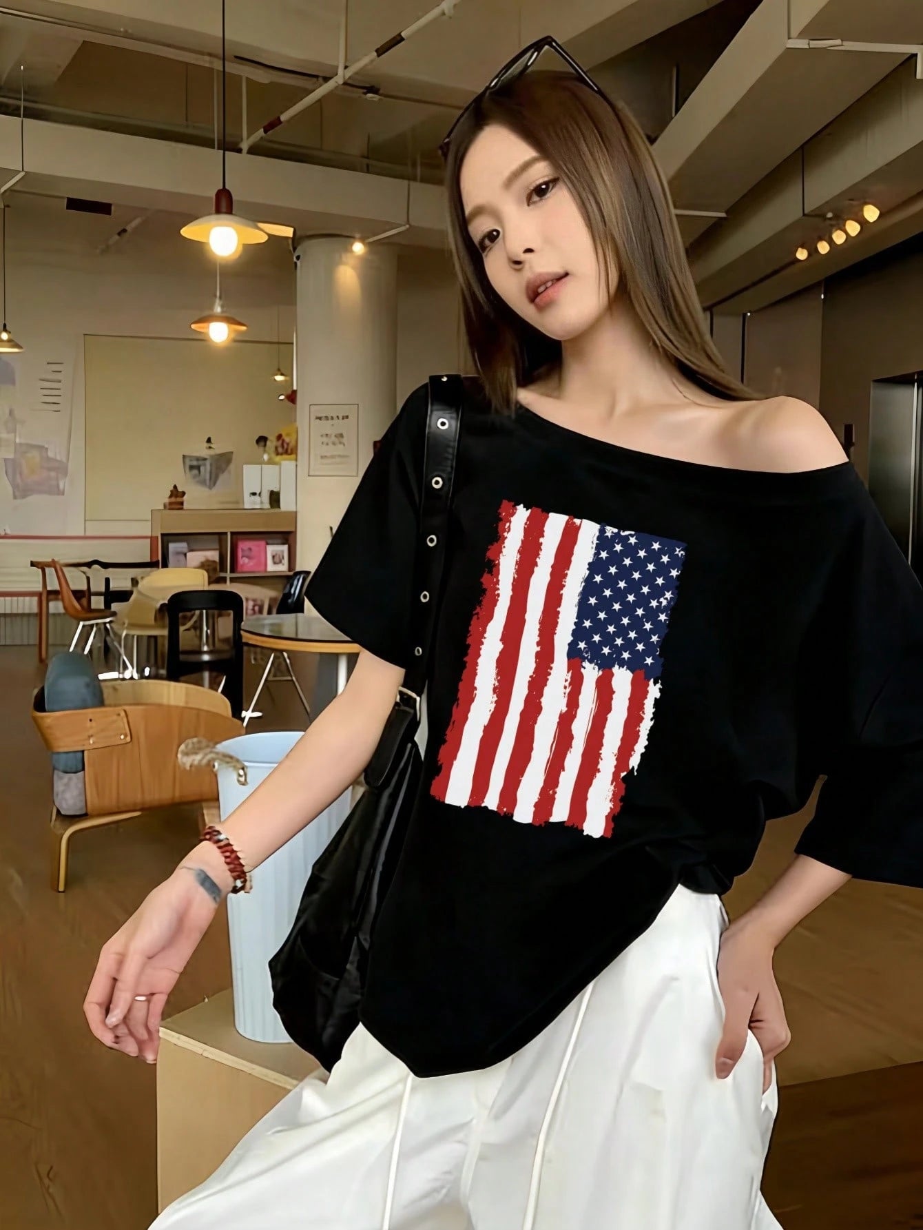 SXV Y2K Print flag Off-Shoulder Short-Sleeve T-Shirt