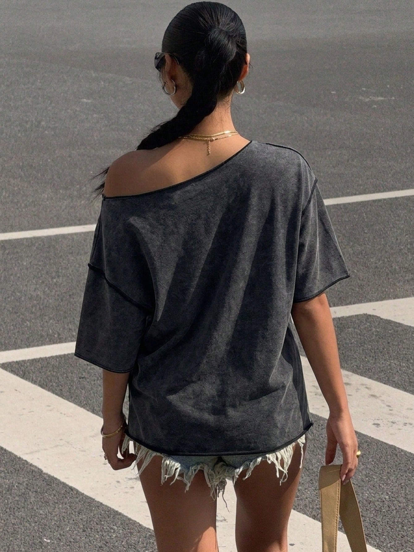 SXV Women's Dark Grey Summer Casual Streetwear,City Break Vintage Washed Punk Y2K Off-Shoulder Short Sleeve T-Shirt