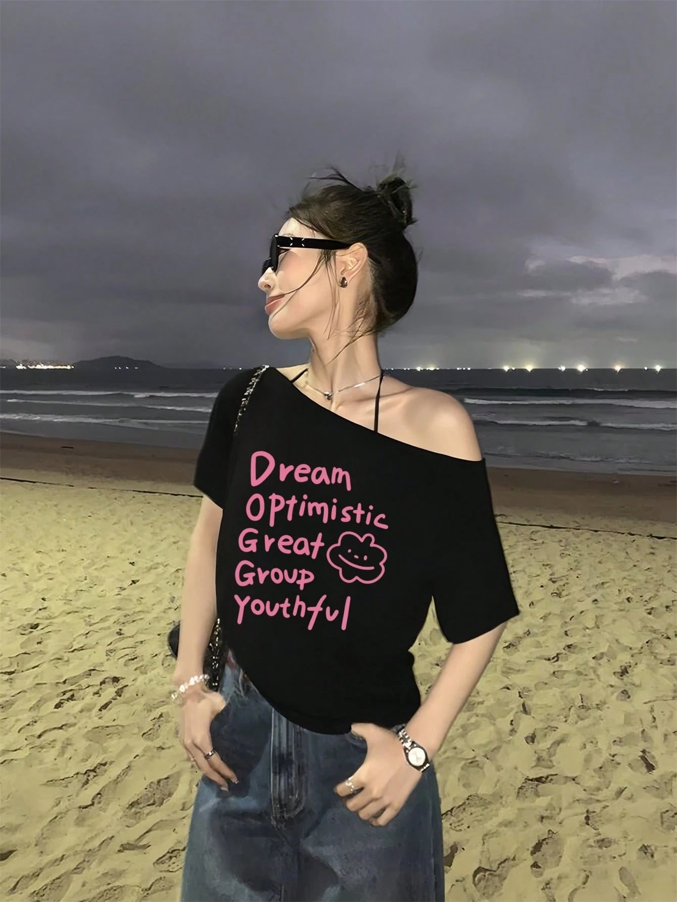 SXV Y2K Print Dream Off-Shoulder Short-Sleeve T-Shirt