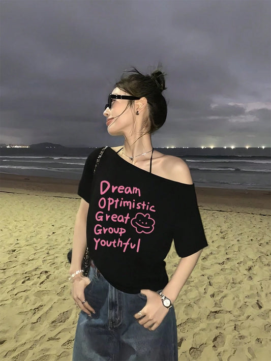 SXV Y2K Print Dream Off-Shoulder Short-Sleeve T-Shirt