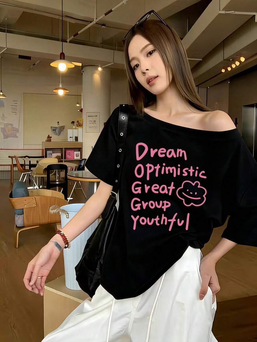 SXV Y2K Print Dream Off-Shoulder Short-Sleeve T-Shirt