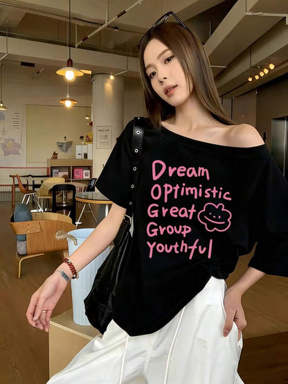 SXV Y2K Print Dream Off-Shoulder Short-Sleeve T-Shirt