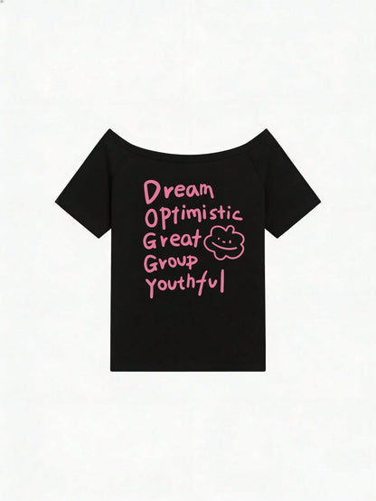 SXV Y2K Print Dream Off-Shoulder Short-Sleeve T-Shirt