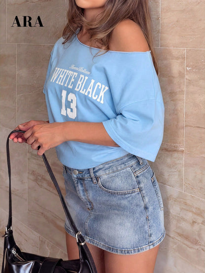 SXV Women's Blue Sexy Drop Shoulder Letter Print Asymmetric Short Sleeve T-Shirt