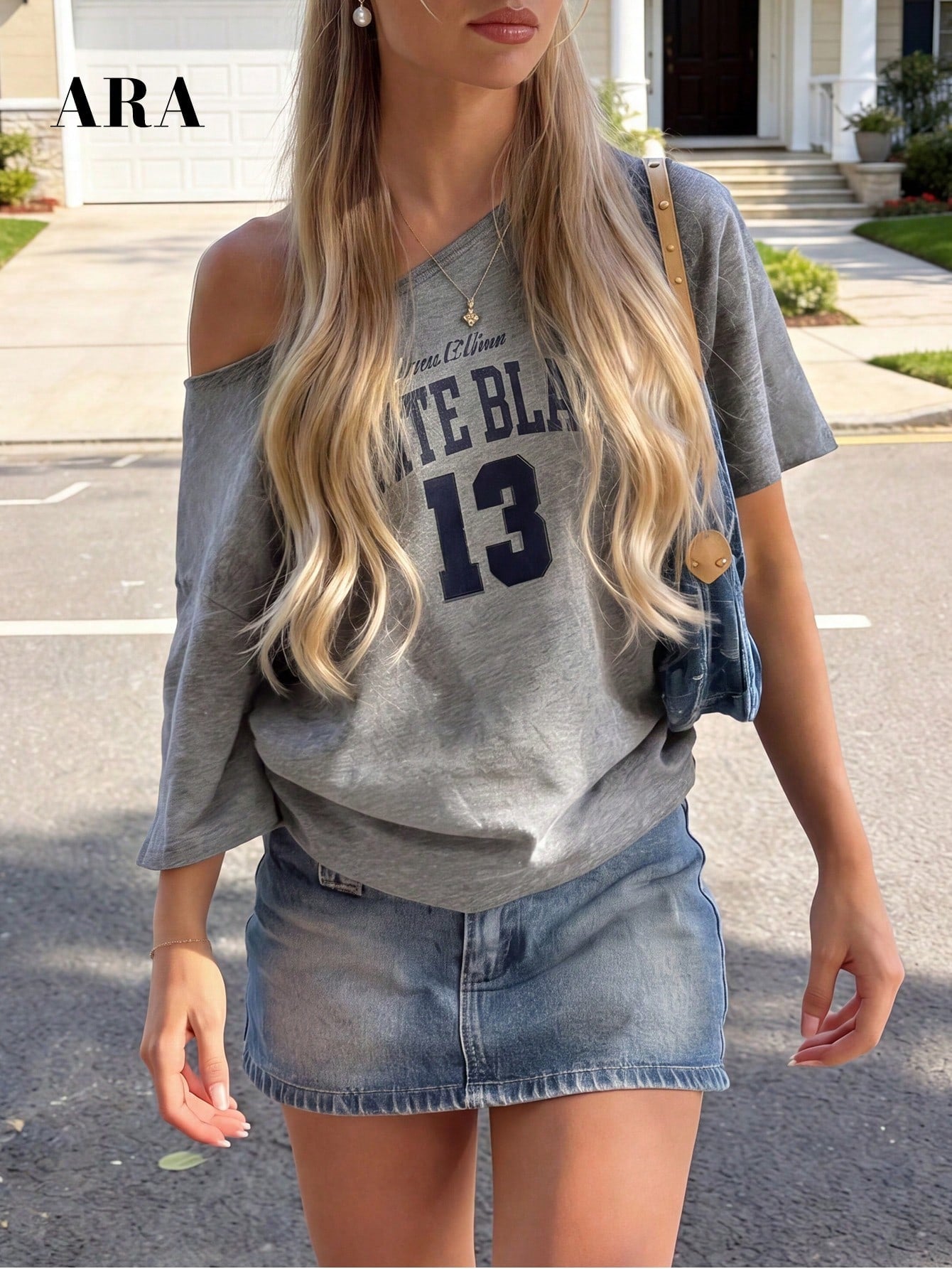 SXV Women's Blue Sexy Drop Shoulder Letter Print Asymmetric Short Sleeve T-Shirt