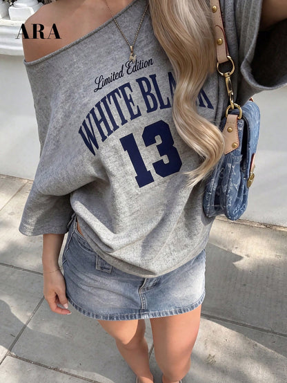 SXV Women's Blue Sexy Drop Shoulder Letter Print Asymmetric Short Sleeve T-Shirt