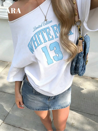 SXV Women's Blue Sexy Drop Shoulder Letter Print Asymmetric Short Sleeve T-Shirt