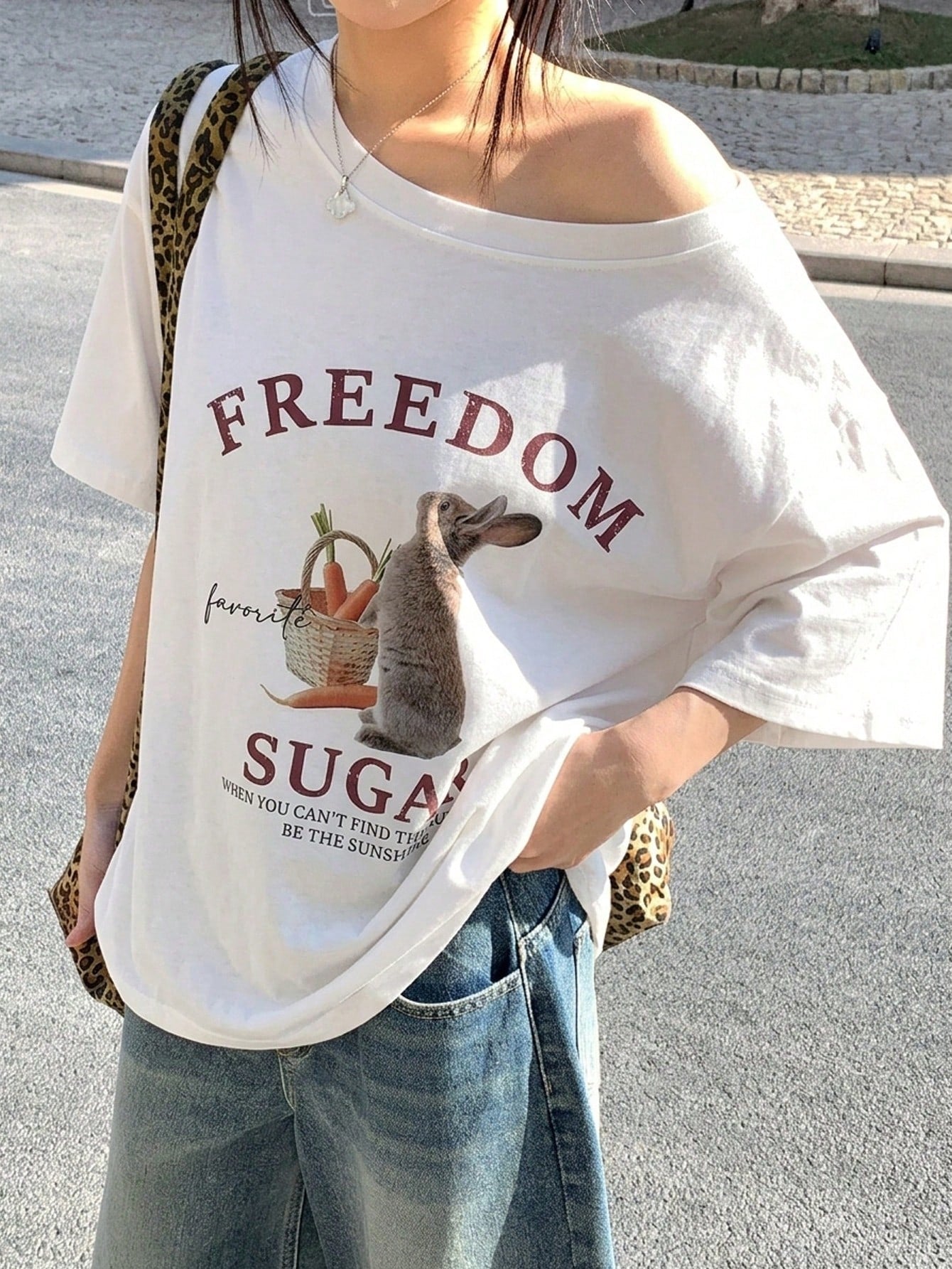 SXV Women's Summer Loose Fit Asymmetric Neck Freedom Sugar T-shirt