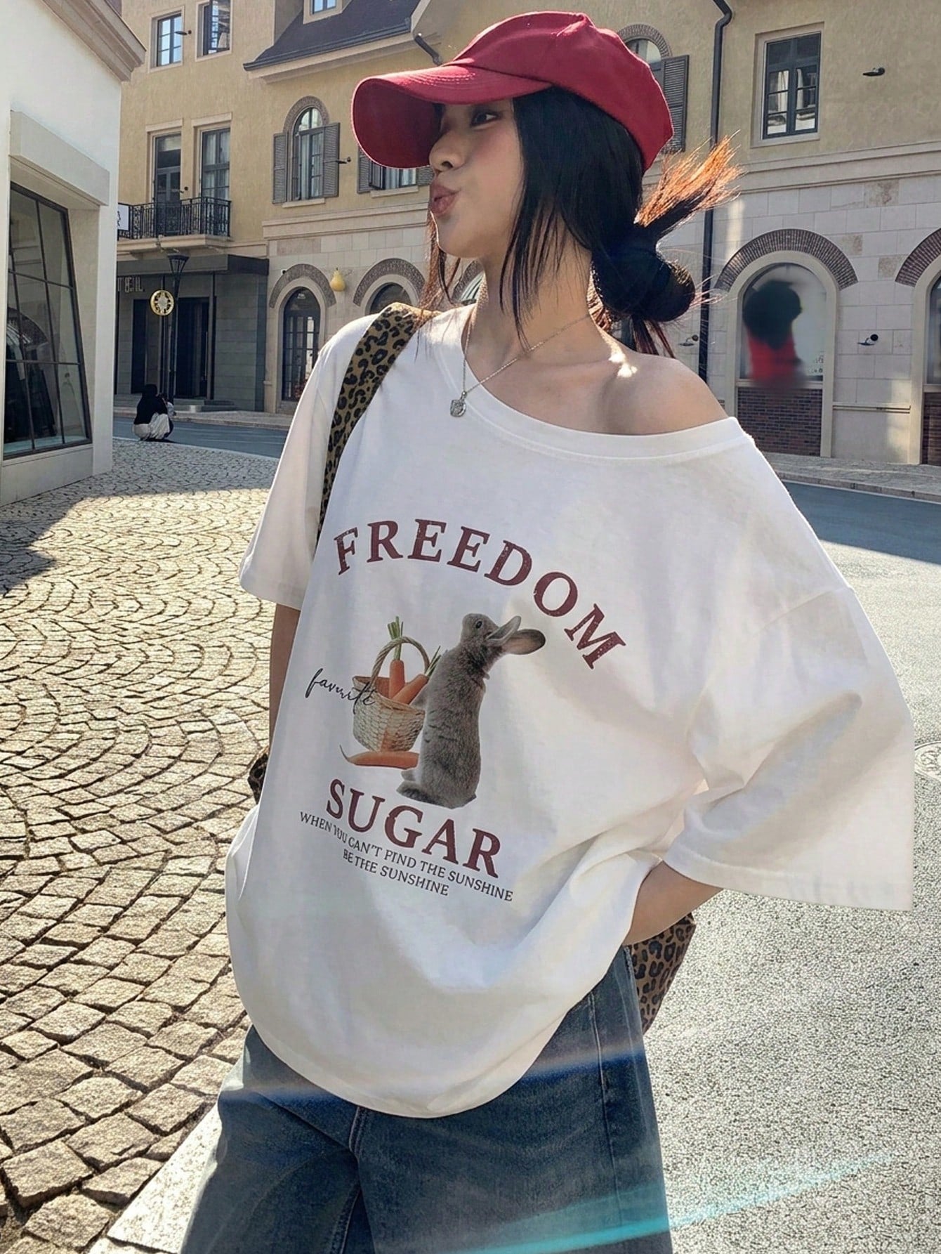 SXV Women's Summer Loose Fit Asymmetric Neck Freedom Sugar T-shirt