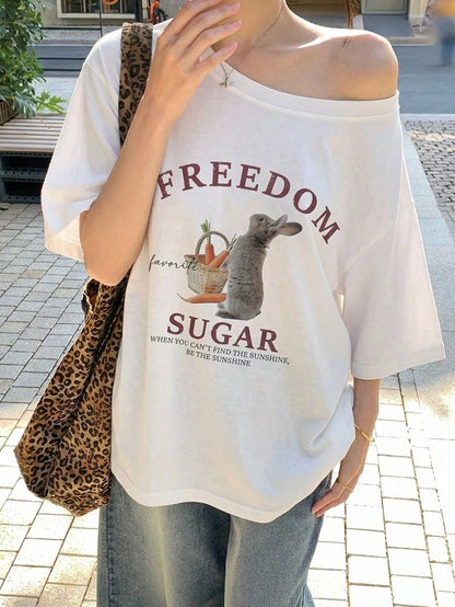SXV Women's Summer Loose Fit Asymmetric Neck Freedom Sugar T-shirt