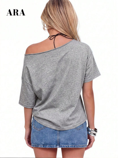SXV Women's Blue Sexy Drop Shoulder Letter Print Asymmetric Short Sleeve T-Shirt