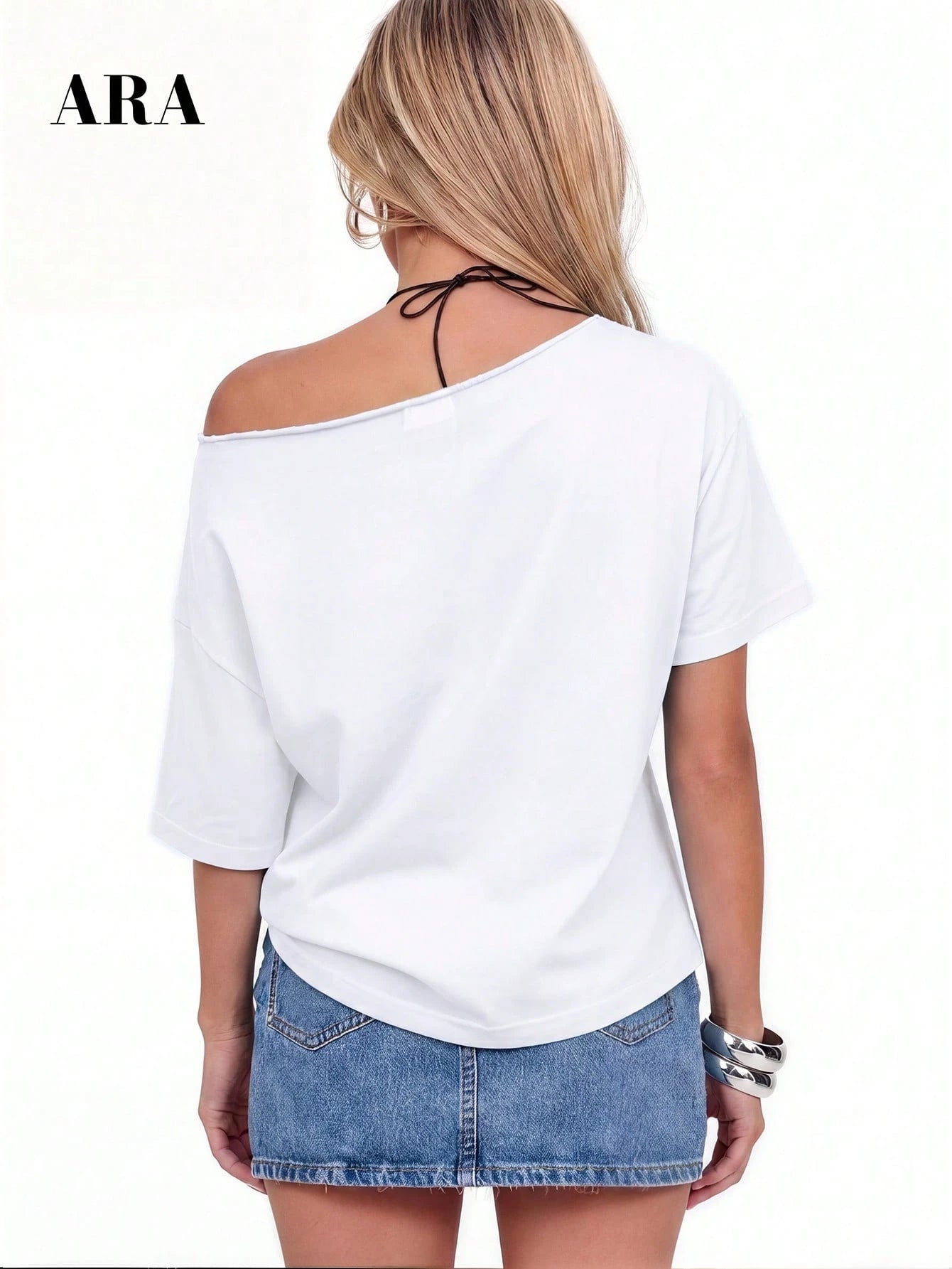 SXV Women's Blue Sexy Drop Shoulder Letter Print Asymmetric Short Sleeve T-Shirt