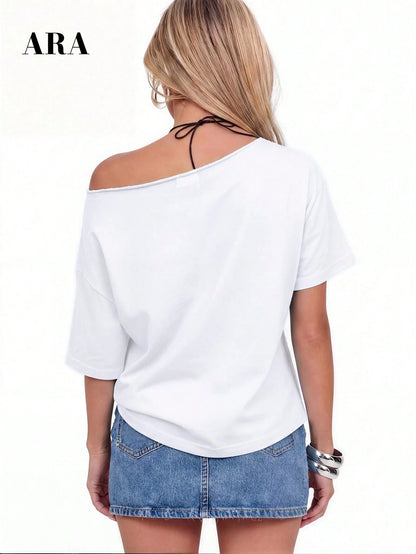 SXV Women's Blue Sexy Drop Shoulder Letter Print Asymmetric Short Sleeve T-Shirt