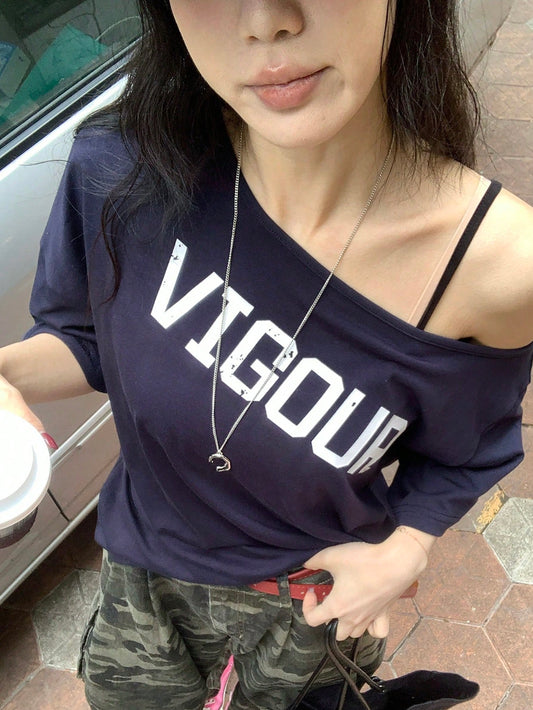 SXV Letter Print Loose Asymmetrical Shoulder Tee