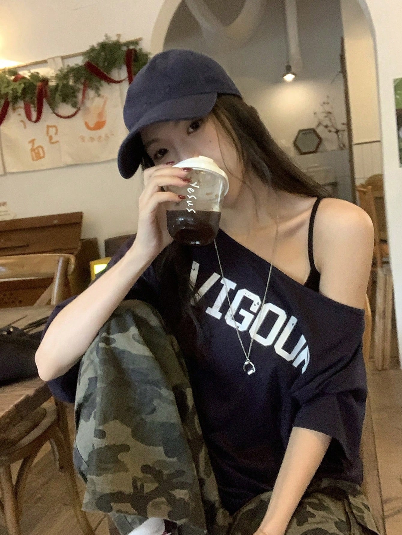SXV Letter Print Loose Asymmetrical Shoulder Tee