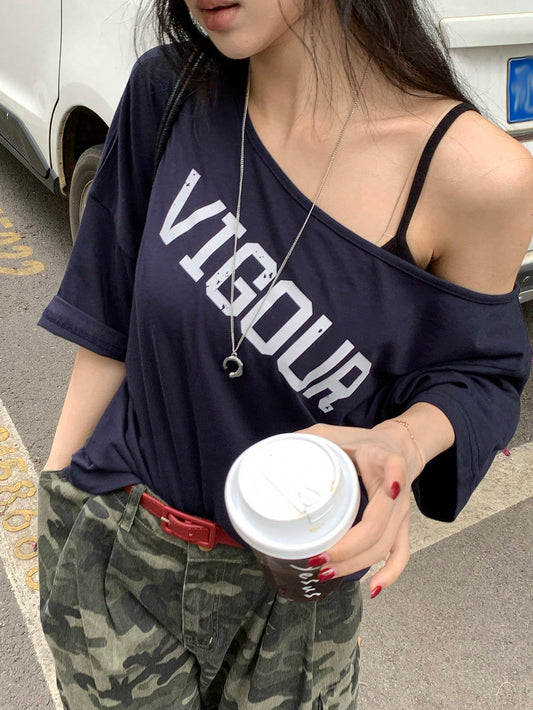 SXV Letter Print Loose Asymmetrical Shoulder Tee