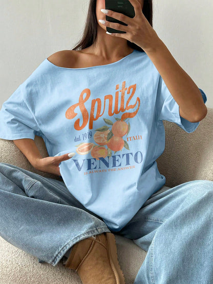 SXV Women Summer Loose Asymmetrical Neck Cocktail Fruit Orange Y2K Graphic Oversized T-Shirt