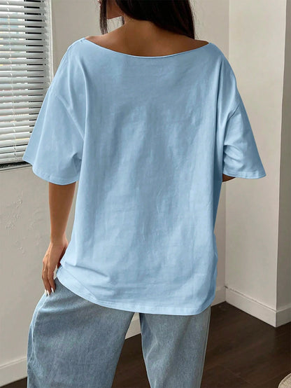 SXV Women Summer Loose Asymmetrical Neck Cocktail Fruit Orange Y2K Graphic Oversized T-Shirt