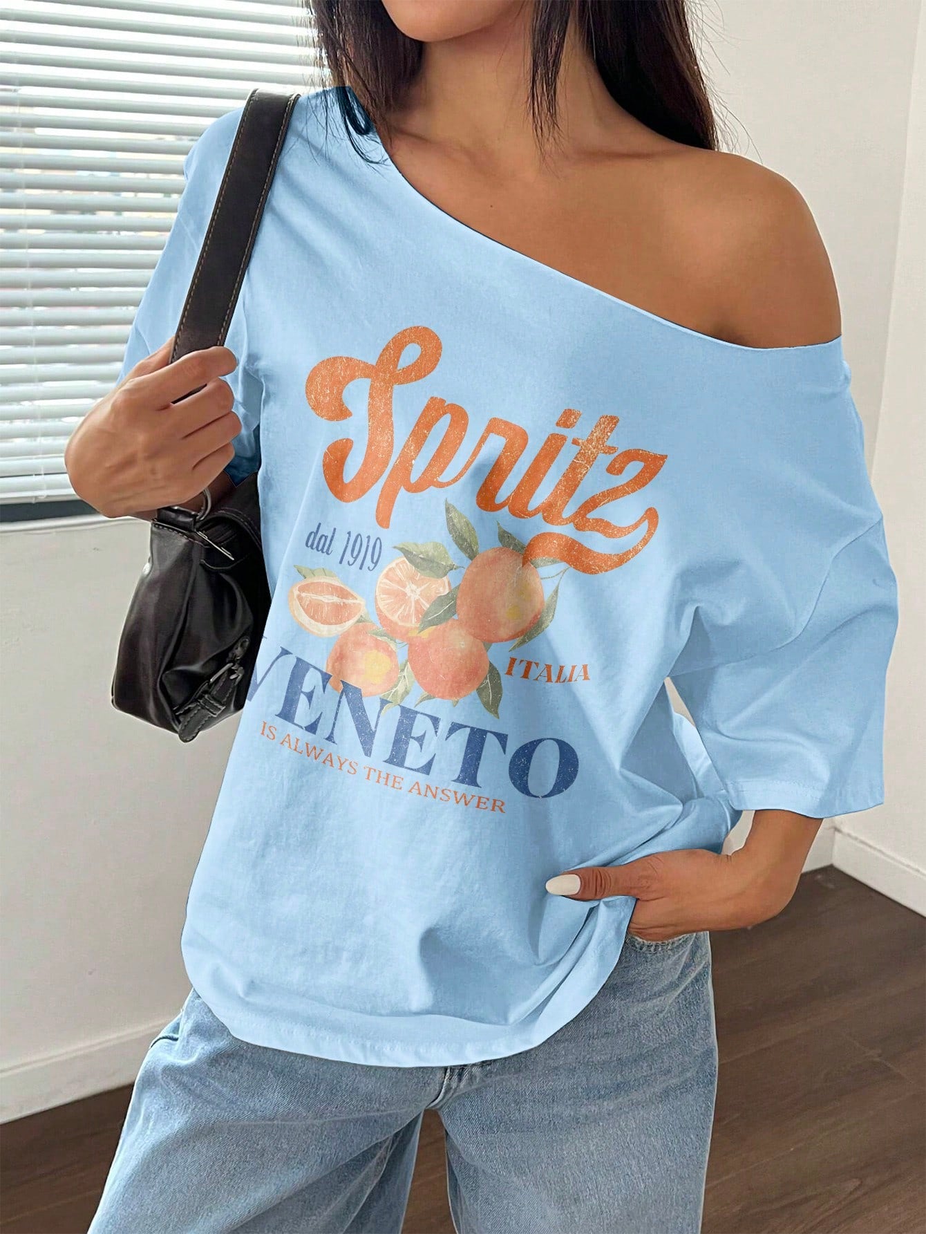 SXV Women Summer Loose Asymmetrical Neck Cocktail Fruit Orange Y2K Graphic Oversized T-Shirt