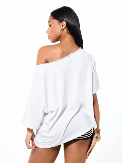 SXV Off Shoulder Graphic T Shirt With Girl Kisser Print