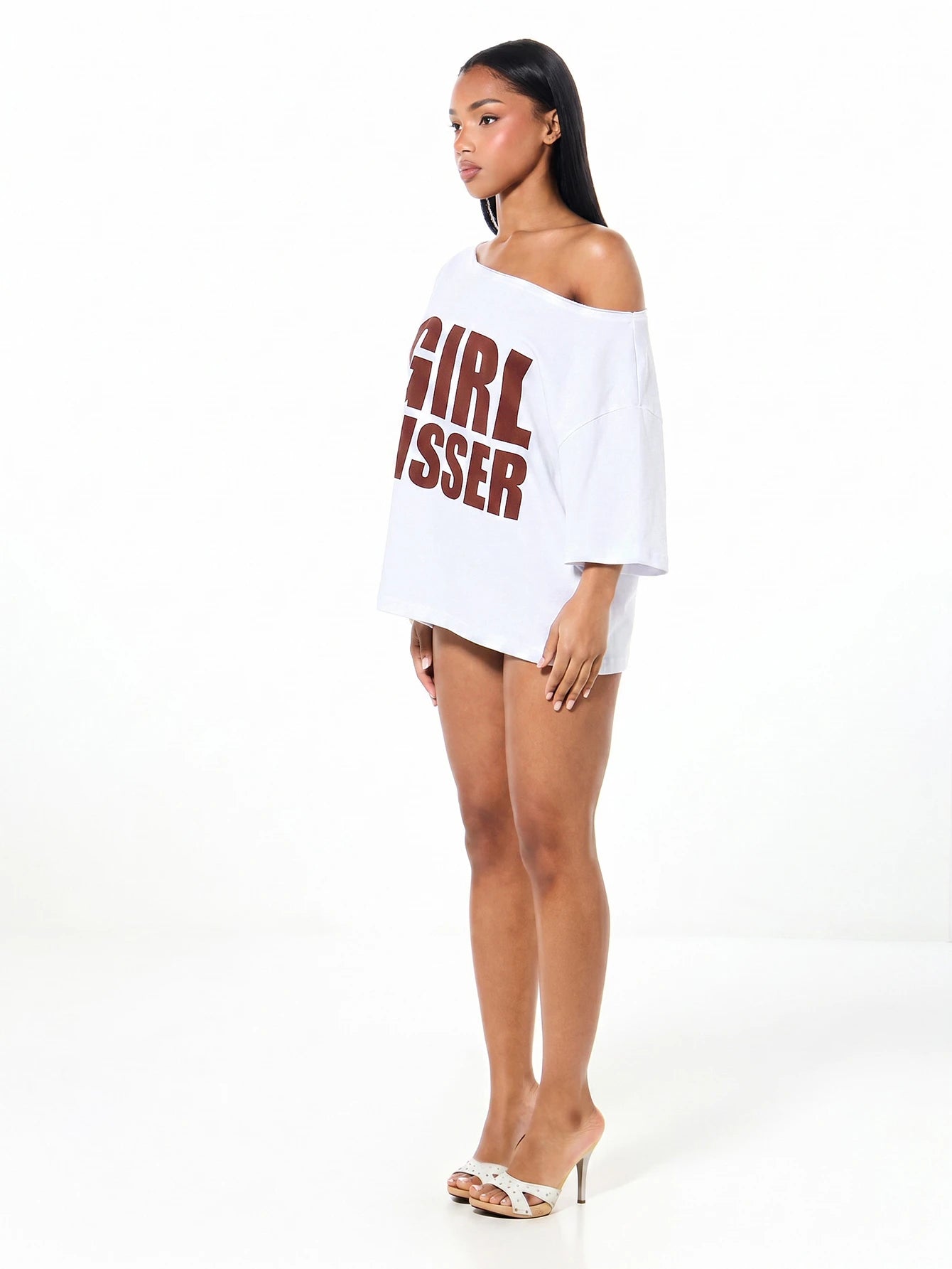 SXV Off Shoulder Graphic T Shirt With Girl Kisser Print