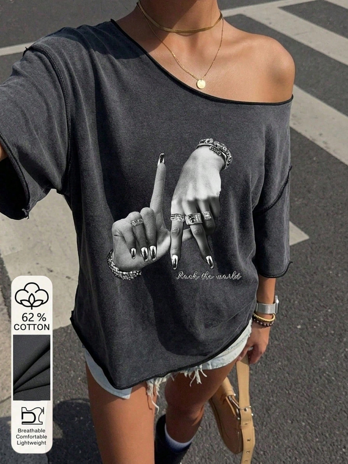 SXV Women's Dark Grey Summer Casual Streetwear,City Break Vintage Washed Punk Y2K Off-Shoulder Short Sleeve T-Shirt