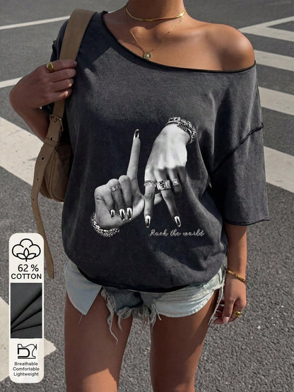 SXV Women's Dark Grey Summer Casual Streetwear,City Break Vintage Washed Punk Y2K Off-Shoulder Short Sleeve T-Shirt