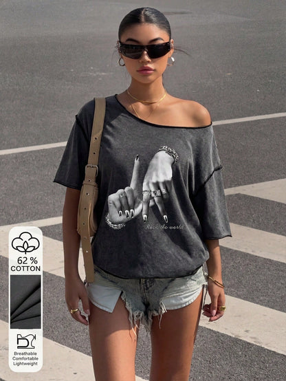 SXV Women's Dark Grey Summer Casual Streetwear,City Break Vintage Washed Punk Y2K Off-Shoulder Short Sleeve T-Shirt