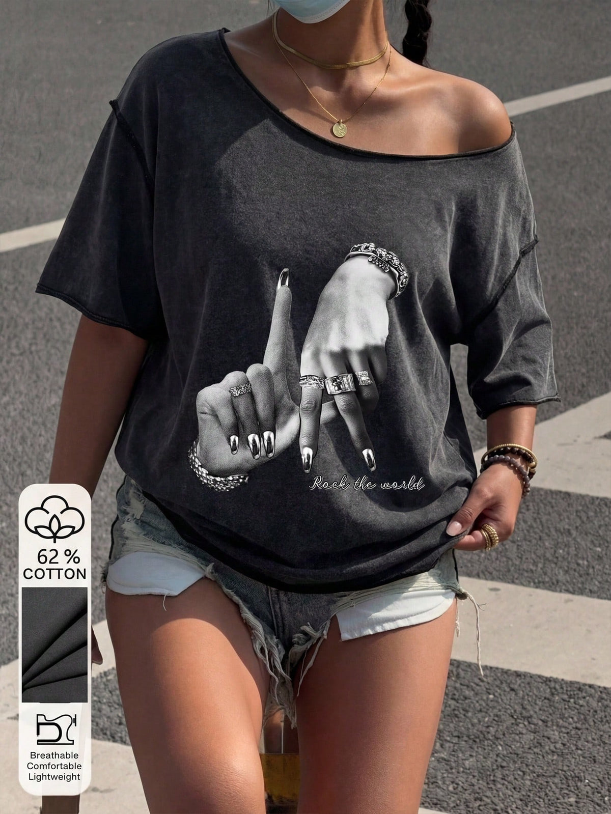 SXV Women's Dark Grey Summer Casual Streetwear,City Break Vintage Washed Punk Y2K Off-Shoulder Short Sleeve T-Shirt