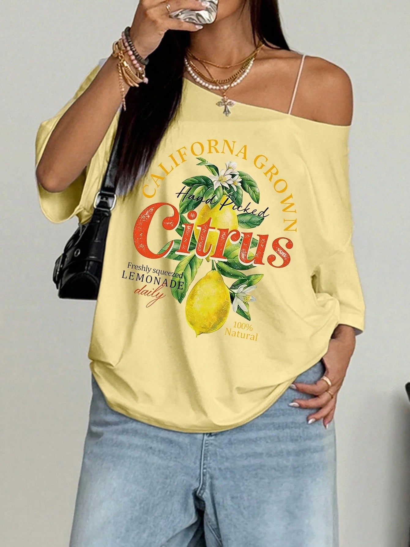 SXV Women's Loose Yellow T-Shirt, Off-Shoulder Fruit Lemon Beach Style