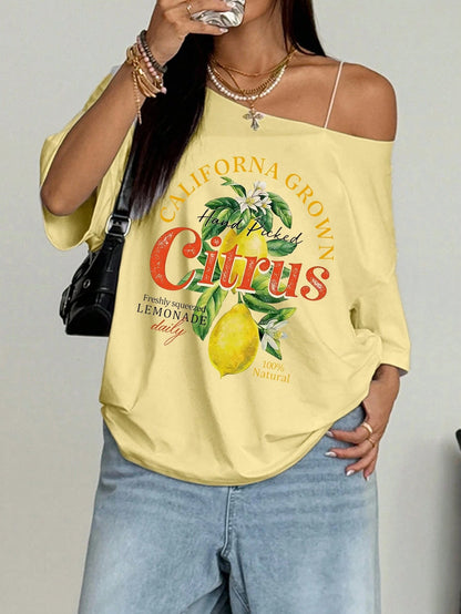 SXV Women's Loose Yellow T-Shirt, Off-Shoulder Fruit Lemon Beach Style